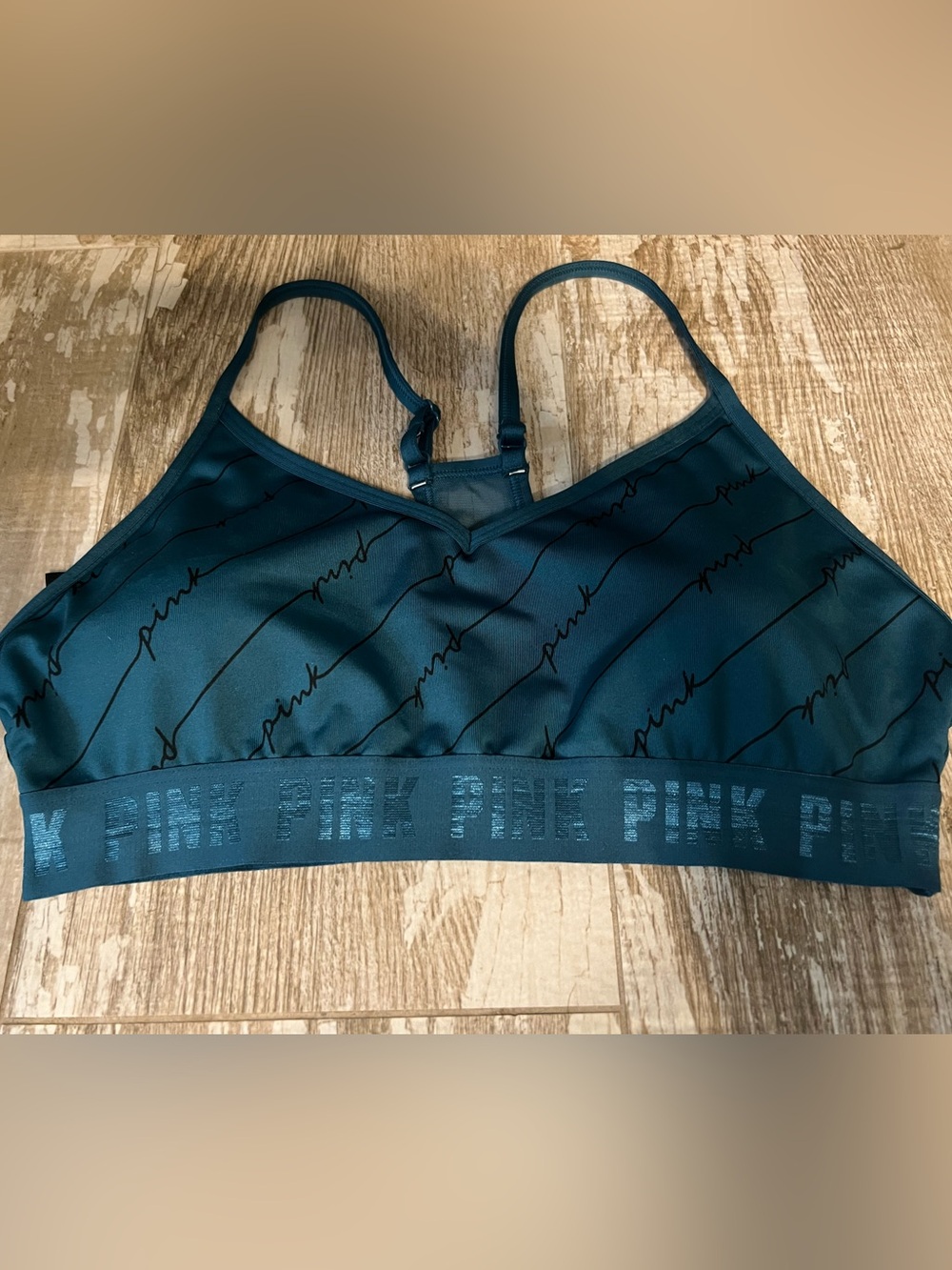 EUC💗PINK VS Teal with black LOGO Script Sports BRA! Sz-LARGE! CUTE!